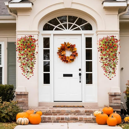 Fake Artificial Hanging Flowers for Outdoors, 2 Pcs Fake Hanging Plant Spring Summer Decor, UV Resistant No Fade Faux Silk Daisy Flower for Front Door Porch Planter Patio Yard Garden(Red Brown)
