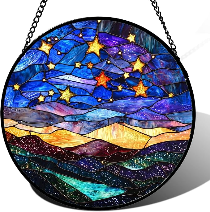 Stained Glass Window Hanging, Blue Sky Gold Stars Abstract Landscape Suncatcher for Doors Window Home Sun Catchers Decor Mother's Day Birthday Gifts for Women, Men Mom 15 in