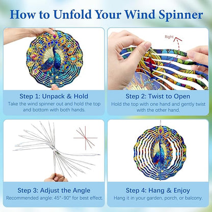 Peacock Wind Spinners Outdoor, Peacock Gifts for Women Wife Mom Grandma, Hanging Wind Spinners for Christmas Thanksgiving, 12 inch Outdoor Indoor Hanging Ornament for Garden Porch Backyard