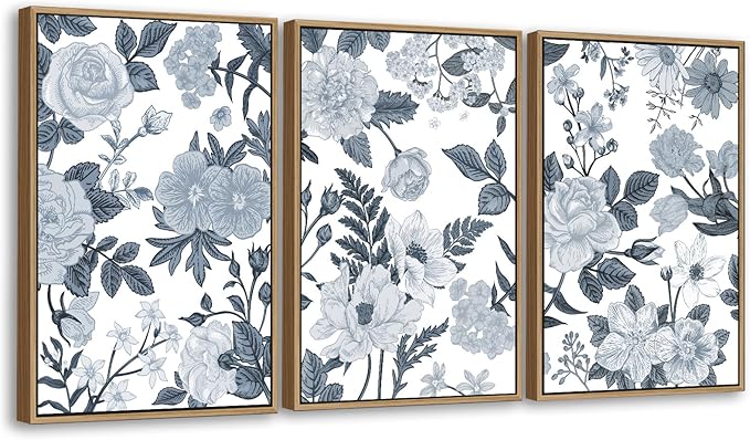 Large Framed Canvas Wall Art - Natural Float Framed Rustic Grey White Flowers Pictures Decor Gray Blue Leaves Artwork Prints for Bedroom Living Room Kitchen Home Office Decoration 72" X 36" Set of 3