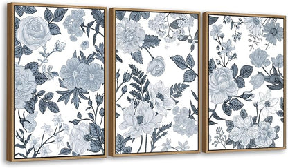 Large Framed Canvas Wall Art - Natural Float Framed Rustic Grey White Flowers Pictures Decor Gray Blue Leaves Artwork Prints for Bedroom Living Room Kitchen Home Office Decoration 60" X 28" Set of 3