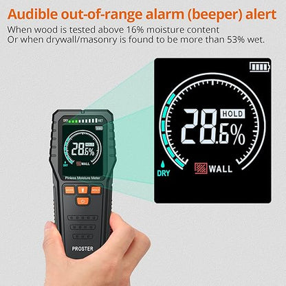 Proster Pinless Wood Moisture Meter - Non Destructive Moisture Tester for Wood Wallboard Masonry, Detect up to 3/4 Inch Below Surface, Backlit Color LCD, Visual Audible Alarm
