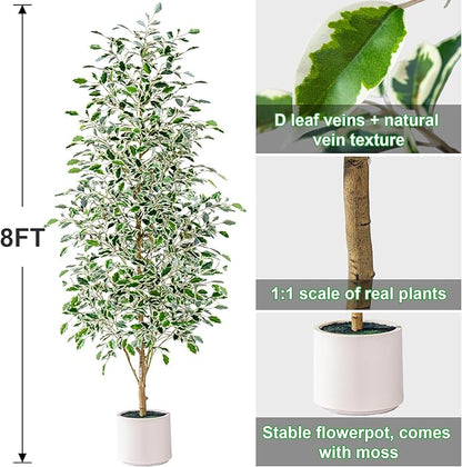 8FT Artificial Ficus Trees Indoor Faux Trees Indoor Fake Floor Plants Tall Artificial Tree with White Pot Faux Tree Fake Indoor Tree Silk Plants Artificial Trees for Home Decor Indoor