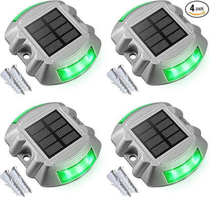 VOLISUN Christmas Solar Deck Lights Driveway Dock Lights, 4-Pack Led IP67 Waterproof Outdoor Warning Step Light for Driveway Sidewalk Garden Pathway Yard(Green)