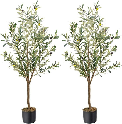 Artificial Fake Olive Tree 4FT Tall 2Pack Faux Silk Olive Tree for Home Living Room Office Decor Faux Artificial Plants Indoor Fake Potted Plants with Fruit & Free Moss