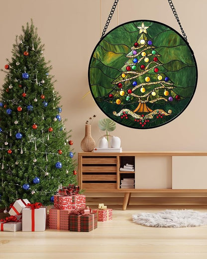 Stained Glass Window Hanging - Green Christmas Tree with Colorful Lights Suncatcher for Doors Home Christmas Decoration Sun Catcher Thanksgiving New Year Birthday Gifts for Women Men Mom Nana 6.3 in