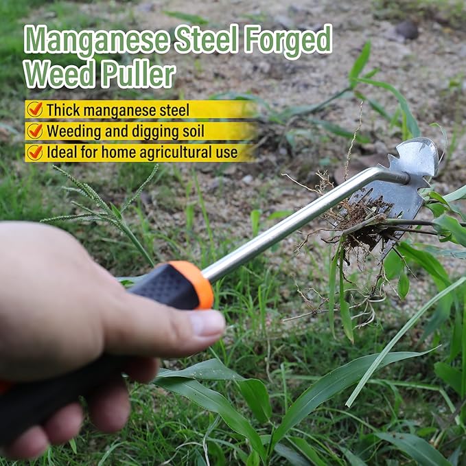 Weed Removal Tool, 2025 New Garden Weeding Tools Manganese Steel Hand Weeder Tool with Handle, 5 Teethes Dual Purpose Manual Weeders Tool Weed Tool for Garden (Rubber Handle)