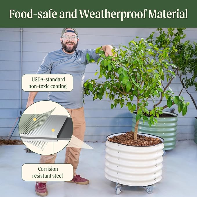 Rolling Metal Citrus Tree Planter Pot, 24″ Round Planter Box for Porch Patio & Backyard, 30 Gallon Large Planter Pot with Wheels for Growing Trees Tomatoes Vegetables and Flowers, Pearl White