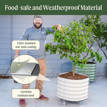 Rolling Metal Citrus Tree Planter Pot, 24″ Round Planter Box for Porch Patio & Backyard, 30 Gallon Large Planter Pot with Wheels for Growing Trees Tomatoes Vegetables and Flowers, Pearl White