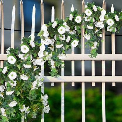RECUTMS Artificial Fake Hanging Flowers Plants for Outdoor Decoration, 2 Pcs UV Resistant Faux Petunias Trailing Plants Realistic Flower Look Real for Door Wall Yard Porch Garden Planter (White)