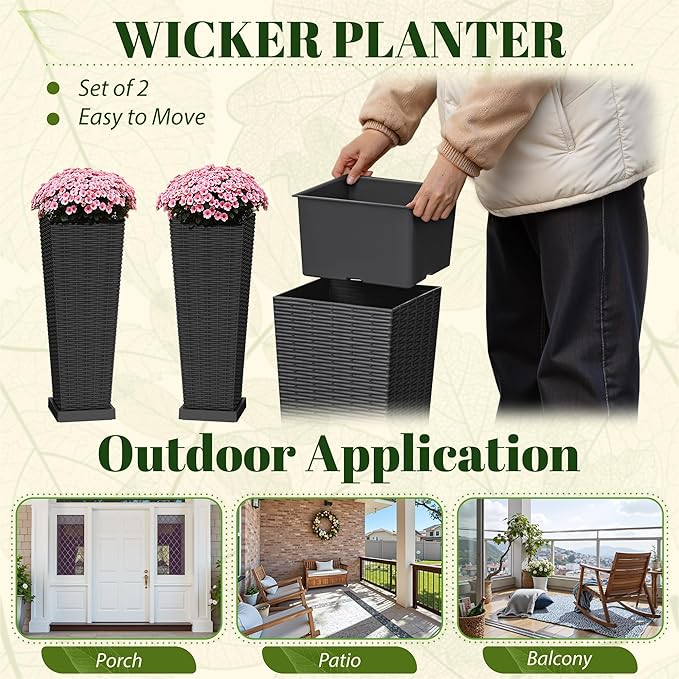 JUMMICO Set of 2 Resin Rattan Tall Planters for Outdoor Plants, Large Tapered Planters with Drainage Holes, Inner Trays and Outer Saucers, Flower Pots for Garden, Patio, Porch, Backyard (Black, 24")