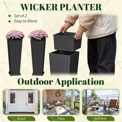 JUMMICO Set of 2 Resin Rattan Tall Planters for Outdoor Plants, Large Tapered Planters with Drainage Holes, Inner Trays and Outer Saucers, Flower Pots for Garden, Patio, Porch, Backyard (Black, 24")