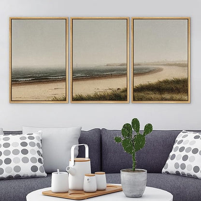 Ashbrook Framed Canvas Print Wall Art Set Misty Beach Horizon Nature Wilderness Illustrations Fine Art Decorative Seascape Horizon Vintage for Living Room, Bedroom, Office - 24"x36"x3 Natural