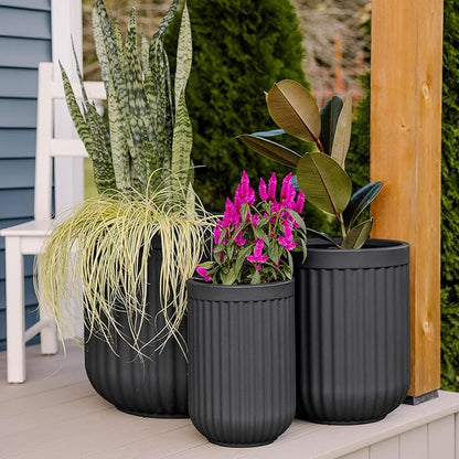 Beuta Large Planters for Outdoor Plants - Set of 3, 15/18/20 Inches Outdoor Planters for Porch - Tall Planter for Outdoor & Indoor Plants | Large Indoor Plant Pot - USA Made - Black