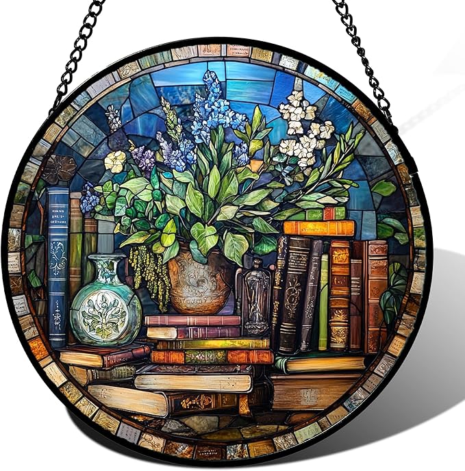 Stained Glass Window Hanging Teal Flower Vintage Books Large 11.8" - Blue Suncatcher Door Garden Sun Catcher Home Decor Birthday Christmas for Mom Men Woman Nana Friend