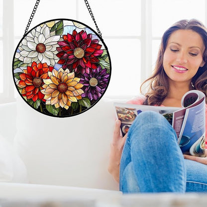 Stained Glass Window Hanging, Colorful Flowers Sun Catcher for Window Door Home Decor Plant Suncatcher Christmas Mother's Day Birthday Gifts for Women Men Mom and Nana 6.3 in