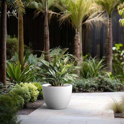 Kante 17.3 Inch Round Concrete Planter - Classic Large Indoor/Outdoor Plant Pot with Drainage Hole and Rubber Plug, Suitable for Gardens and Patios, White