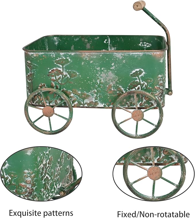 Flower Cart with Wooden Handles, Metal Wagon Planters for Outdoor Plants, Garden Planter with Wagon Wheels, Decorative Wheelbarrow, Plant Cart for Patio Garden Balcony (Green)