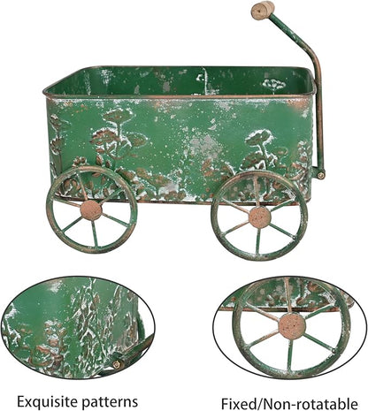 Flower Cart with Wooden Handles, Metal Wagon Planters for Outdoor Plants, Garden Planter with Wagon Wheels, Decorative Wheelbarrow, Plant Cart for Patio Garden Balcony (Green)
