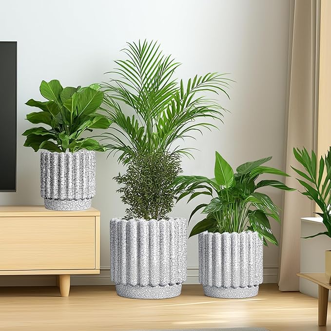Ceramic Planter for Indoor Plants - 12 Inch Plant Pot Indoor with Drainage Hole, Large Ceramic Flower Pots Outdoor, Fluted Round Planter, Home Decor, Gardening Gifts, Black and White