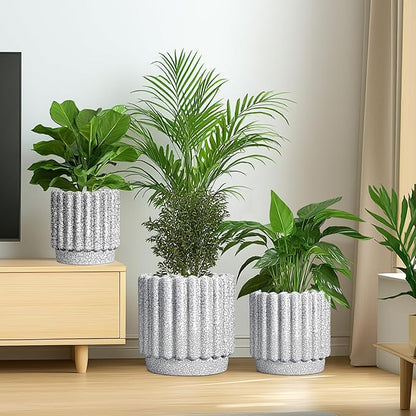 Ceramic Pots for Plants - 7.6 Inch Ceramic Planter with Drainage Hole, Round Flower Pots for Indoor Plants, Fluted Planter Outdoor, Garden Decor, Birthday Gifts, Black and White
