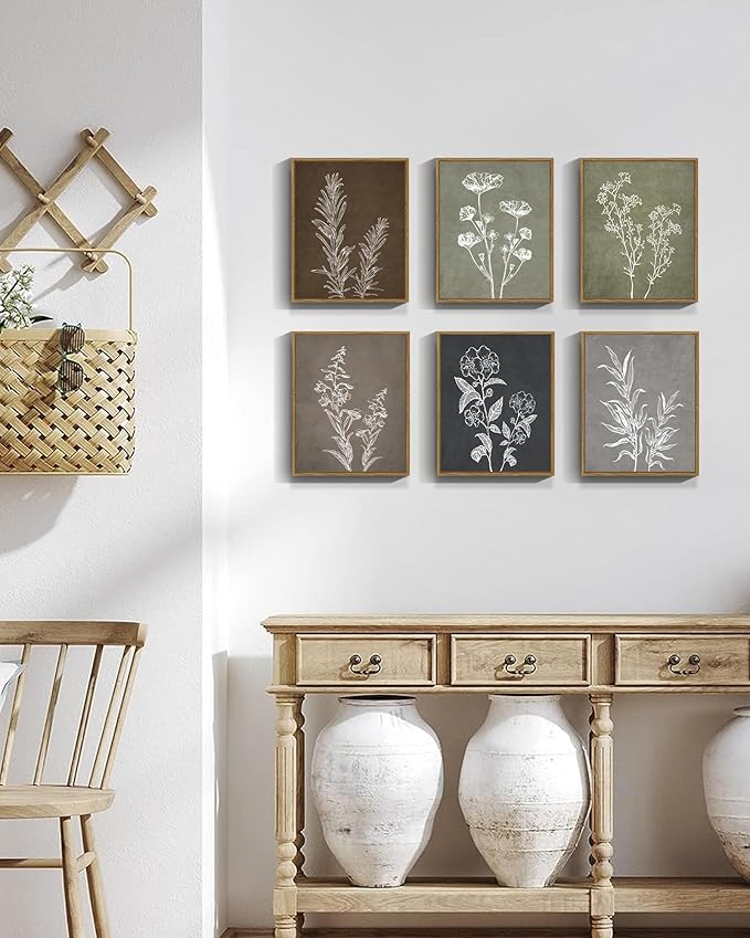 Drsoum Vintage Botanical Wall Art Framed Boho Wall Decor Wooded Minimalist Plant Print Modern Rustic Farmhouse Home Kitchen 8x10inx6pcs