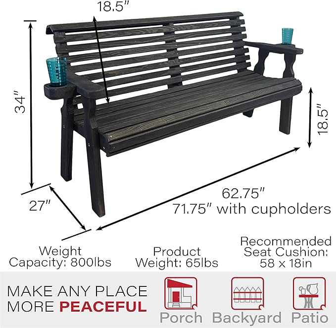 Amish Casual Heavy Duty Pressure Treated 5 Foot Outdoor Garden Bench with Cup Holders - Amish Crafted Roll Back Design in Black Stain, 700 Lb Weight Capacity