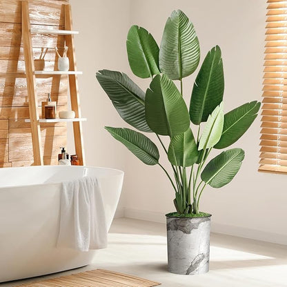 Artificial Tree in Gray Marble Effect Planter, Fake Bird of Paradise Silk Trees for Indoor and Outdoor Home Decoration - 58" Overall Tall (Plant Pot Plus Tree)