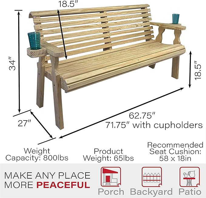 Amish Casual Heavy Duty Pressure Treated 5 Foot Outdoor Garden Bench with Cup Holders - Amish Crafted Roll Back Design in Unfinished, 700 Lb Weight Capacity