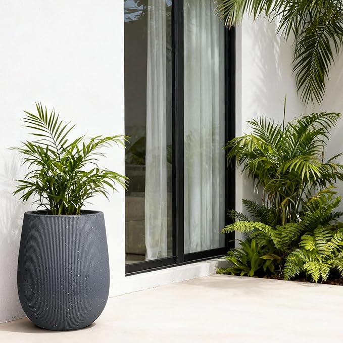 Worth Garden Dark Gray Round Planter, 9" Dia x 13" H Lightweight Magnesium Oxide Cement Plant Pot with a Striped Textured Finish, Raised Pattern Concrete Look, Drainage Hole, Indoor & Outdoor Use