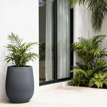 Worth Garden Dark Gray Round Planter, 9" Dia x 13" H Lightweight Magnesium Oxide Cement Plant Pot with a Striped Textured Finish, Raised Pattern Concrete Look, Drainage Hole, Indoor & Outdoor Use