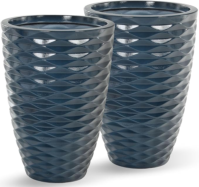 19" Ceramic-Look Tall Planters Set of 2, Outdoor/Indoor Large Flower Pots, Weather-Resistant Heavy-Duty Resin Pot Planters for Front Door, Garden, Patio, Porch, Entryway or Living Room Decor