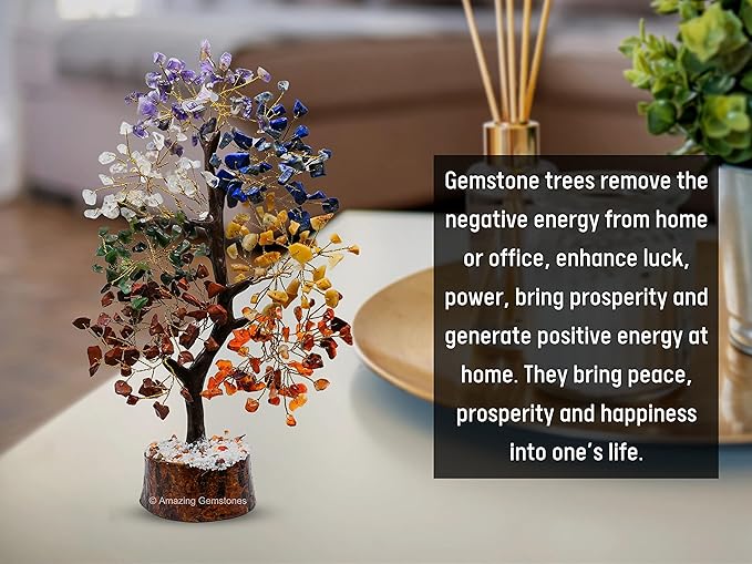 Amazing Gemstone Chakra Tree of Life, with Seven Stones - Decor Gift for Bedroom, Desk, Spiritual Room for Women, Men