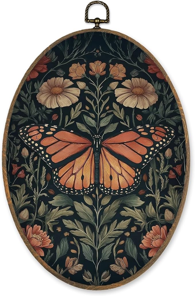 LKETW Vintage Butterfly Oval Wall Art Decor, William Morris Butterfly Floral Oval Canvas Hanging Decor, Retro Cottagecore Botanical Wall Decorations for Home Bedroom Living Room Office, 8.6x11.4 Inch