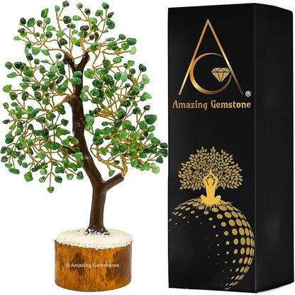 Amazing Gemstone Emerald Natural Healing Premium Crystal Bonsai Feng Shui Fortune Money Tree of Life for Home Office Decor, 10-12 Inch