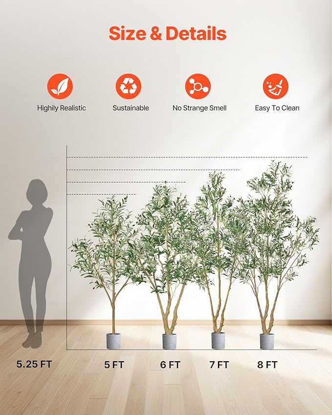VEVOR 5FT Artificial Olive Tree with Black Pot, Tall Fake Tree with Natural Wood Trunk & Realistic Green Leaves and Fruits, Indoor Faux Plant for Home, Office, Living Room, Corner Decor