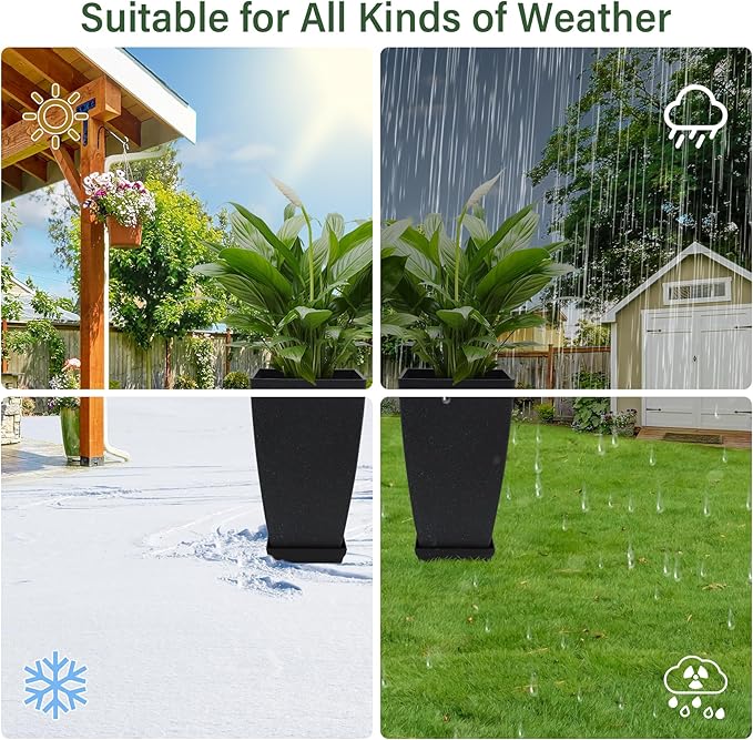 Set of 2 Tall Planter, 21 inch Large Plastic Planter with Drain Hole & Saucers, Large Outdoor Planters for Porch, Garden, Patio, Balcony(Lead Gray)