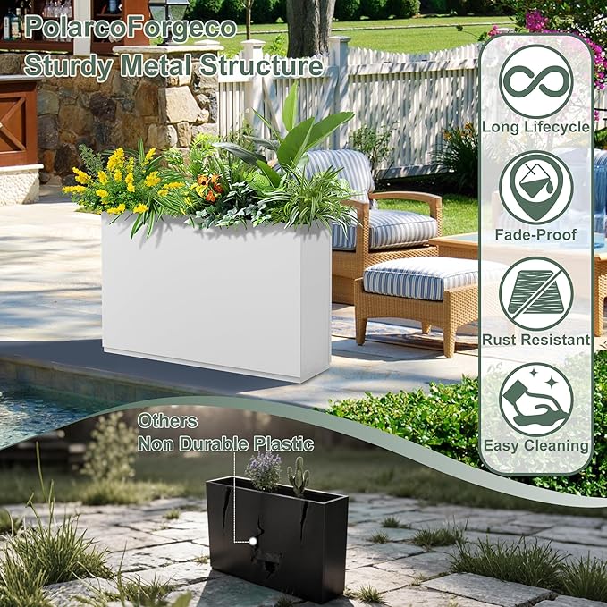 Large Metal Planters for Outdoor Plants, Tall Rectangular Outdoor Planter Box for Patio, Garden, with Drainage Holes (35" L x 9" W x 26" H, White)