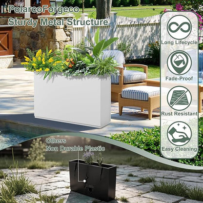 Large Metal Planters for Outdoor Plants, Tall Rectangular Outdoor Planter Box for Patio, Garden, with Drainage Holes (35" L x 9" W x 26" H, White)