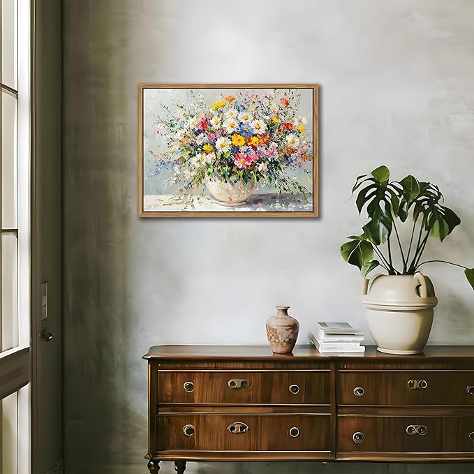 Floating Frame Canvas Wall Art, Vintage Watercolor Floral Pictures Wall Decor, Country Farmhouse Colorful Wildflower Poster Prints for Living Room Bathroom Dining Room Decor 12X16 inch