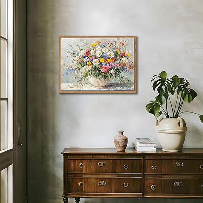 Floating Frame Canvas Wall Art, Vintage Watercolor Floral Pictures Wall Decor, Country Farmhouse Colorful Wildflower Poster Prints for Living Room Bathroom Dining Room Decor 12X16 inch