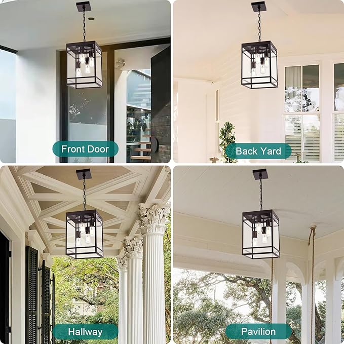Large Outdoor Pendant Light for Porch, Oil Rubbed Bronze Outdoor Hanging Light Fixture with Clear Glass Shade, Exterior Linear Chandelier Hanging Lantern for Outside Patio,Front Door
