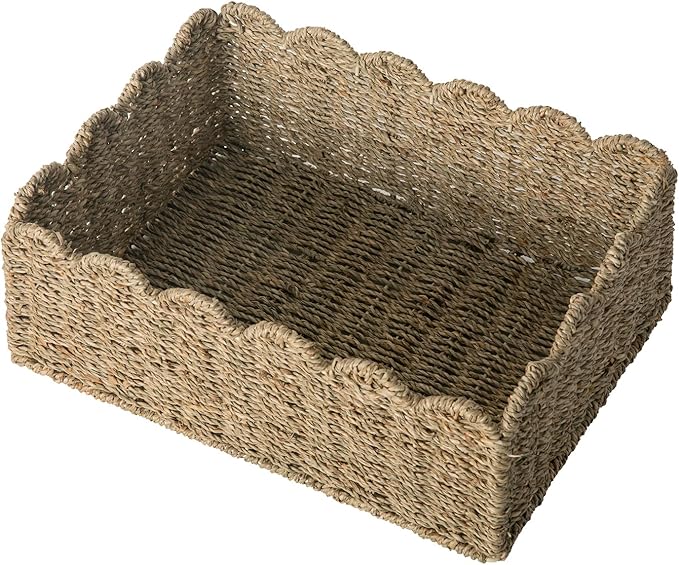 Scalloped Basket, Wicker Storage Baskets, Hand Woven Baskets for Shelves,Natural Baskets for Organizing (M-14" L x 10.5" W x 6" H-Seagrass)