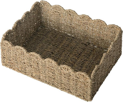 Scalloped Basket, Wicker Storage Baskets, Hand Woven Baskets for Shelves,Natural Baskets for Organizing (M-14" L x 10.5" W x 6" H-Seagrass)