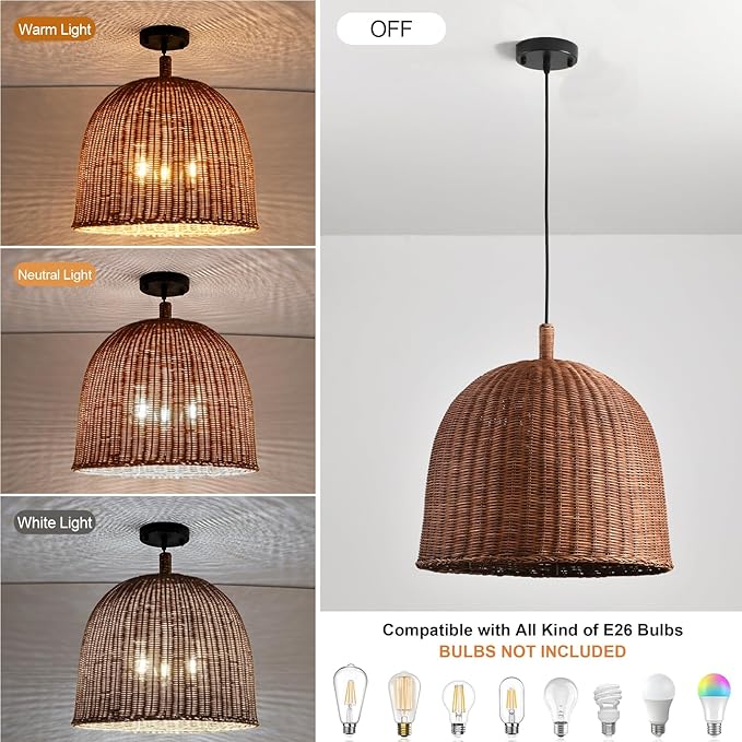 17" Rattan Pendant Light Fixtures, 3-Lights Boho Chandelier Hand Woven Pendant Light Farmhouse Hanging Light for Living Room Kitchen Island Dining Room Hallway