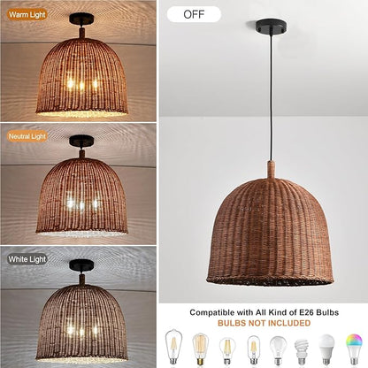 17" Rattan Pendant Light Fixtures, 3-Lights Boho Chandelier Hand Woven Pendant Light Farmhouse Hanging Light for Living Room Kitchen Island Dining Room Hallway