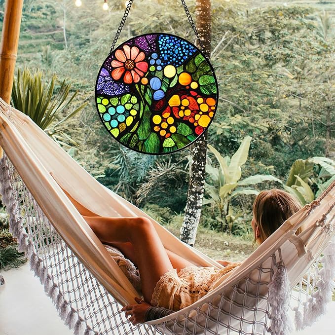 Stained Glass Window Hanging Red Flowers Green Blue Orange Dots 9.8" - Suncatcher Door Garden Sun Catcher Home Decor Birthday Christmas for Mom Men Woman Nana