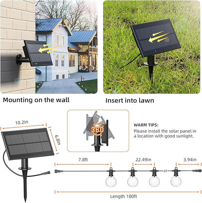Kawaya Solar Powered String Lights for Outside, Outdoor IP65 Waterproof LED Patio Light with USB-Charging, Shatterproof Edison Hanging Lights for Bistro Yard Cafe Porch Camping (Solar-Power 100FT)