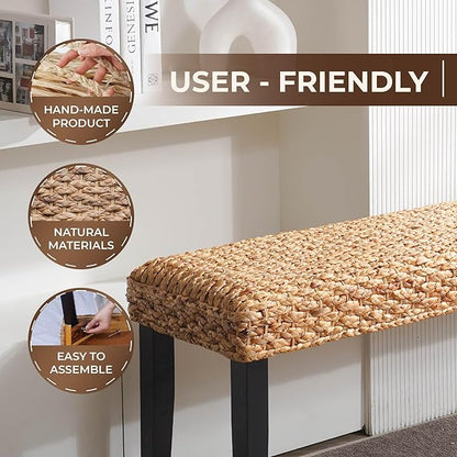 Solid Wood Acacia Indoor Bench with Natural Woven Seat, Boho Bench Entryway, Wood Bench for Living Room, Dining Benches, Wooden Bench for Bedroom, Entryway (Black Leg, Water Hyacinth)