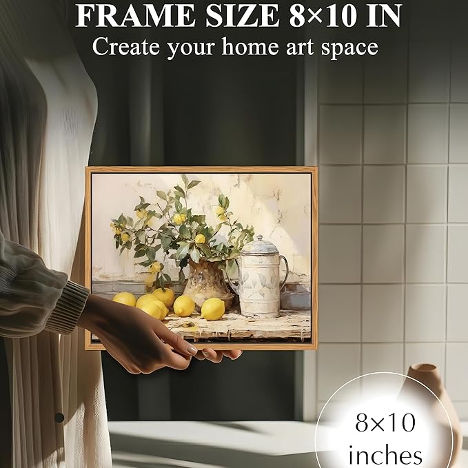 Floating Framed Vintage Kitchen Wall Art, Yellow Lemon Still Life Wall Decor Oil Paintings, Rustic Farmhouse Artwork Canvas Posters Prints Pictures for Living Room Bedroom Home Decor 8x10 Inch